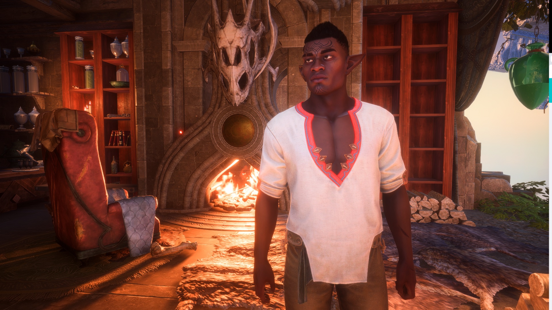 Davin, a Dalish Elf and Grey Warden, stands in his room, which is equipped like a monster hunter's lair. He is Black, broad shouldered, handsome, and wearing a simple white shirt