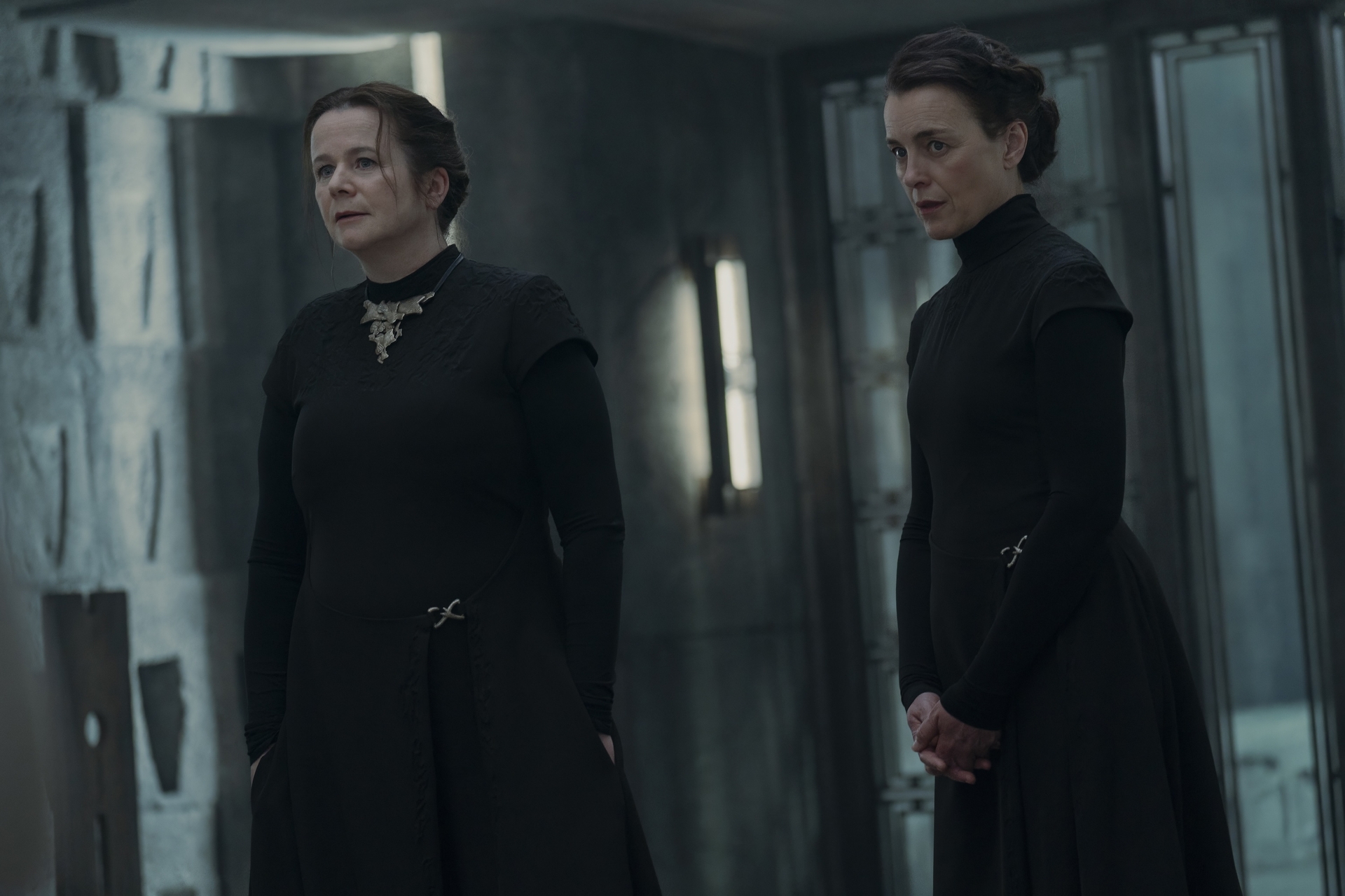 Emily Watson and Olivia Williams in dark robes, as Valya and Tula Harkonnen in Dune: Prophecy.