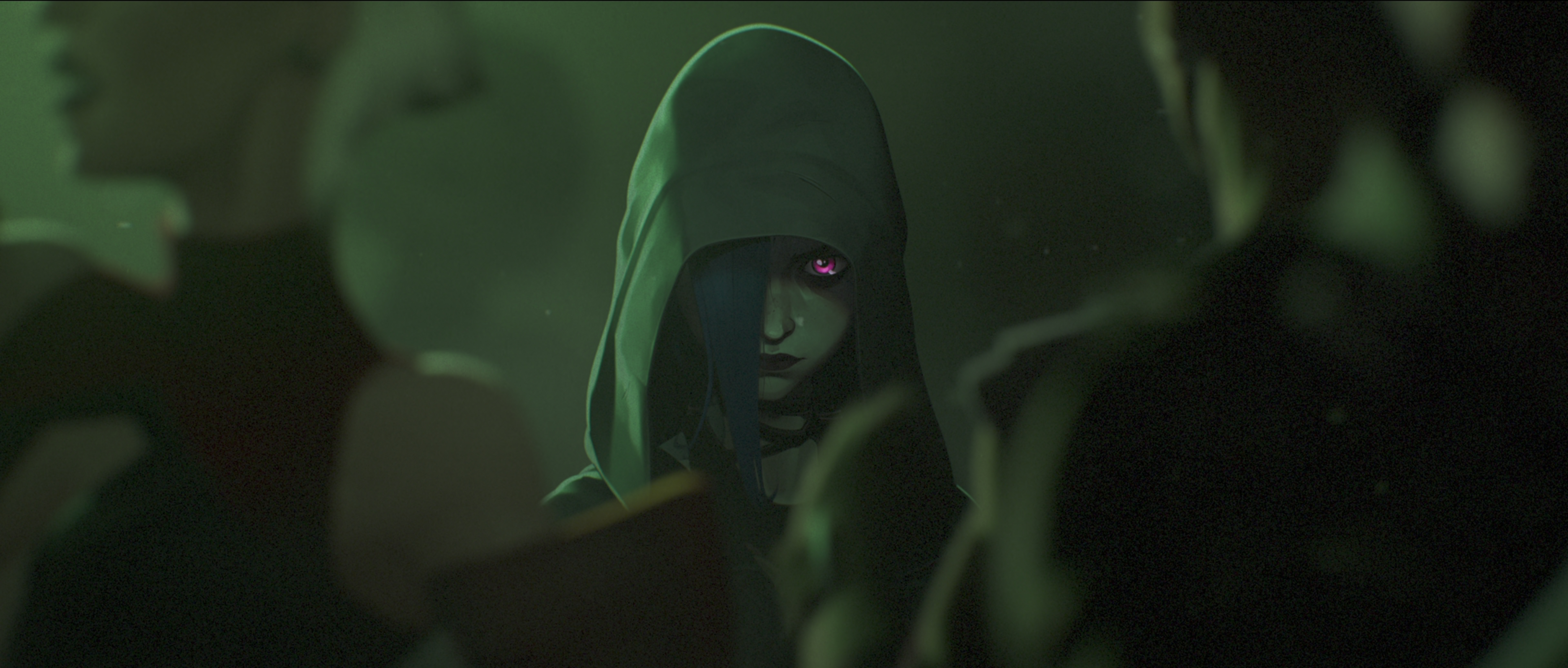 Jinx looking scary from under her hood in a still from Arcane season 2