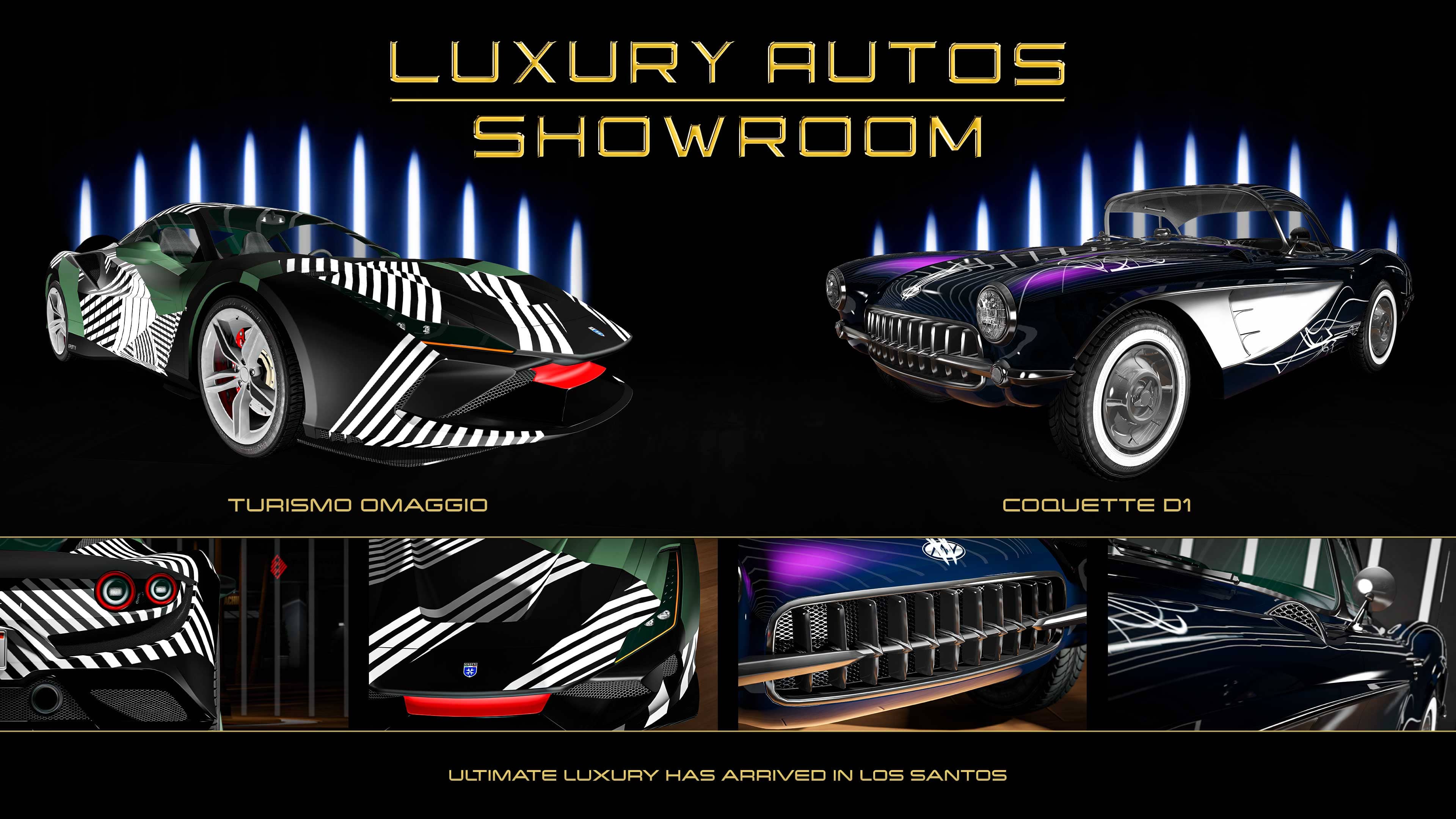 GTA Online promo art for Luxury Autos Showroom vehicles