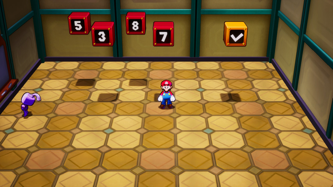 A screenshot of Mario & Luigi: Brothership, with Mario standing beneath a series of number blocks in an office building