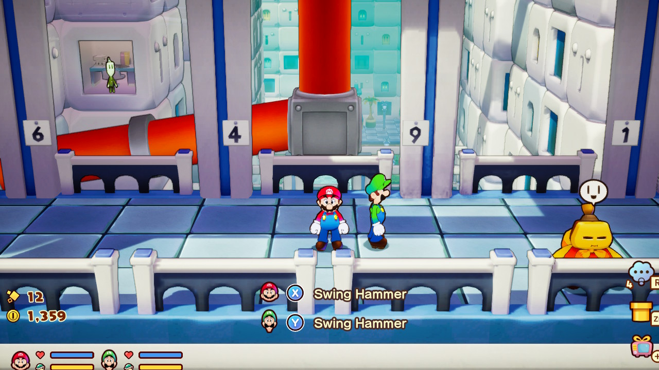 A screenshot of Mario & Luigi: Brothership, showing Mario and Luigi standing in an outdoor walkway