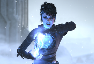 Morrigan in the Dragon Age: Origins trailer summoning a ball of lightning.