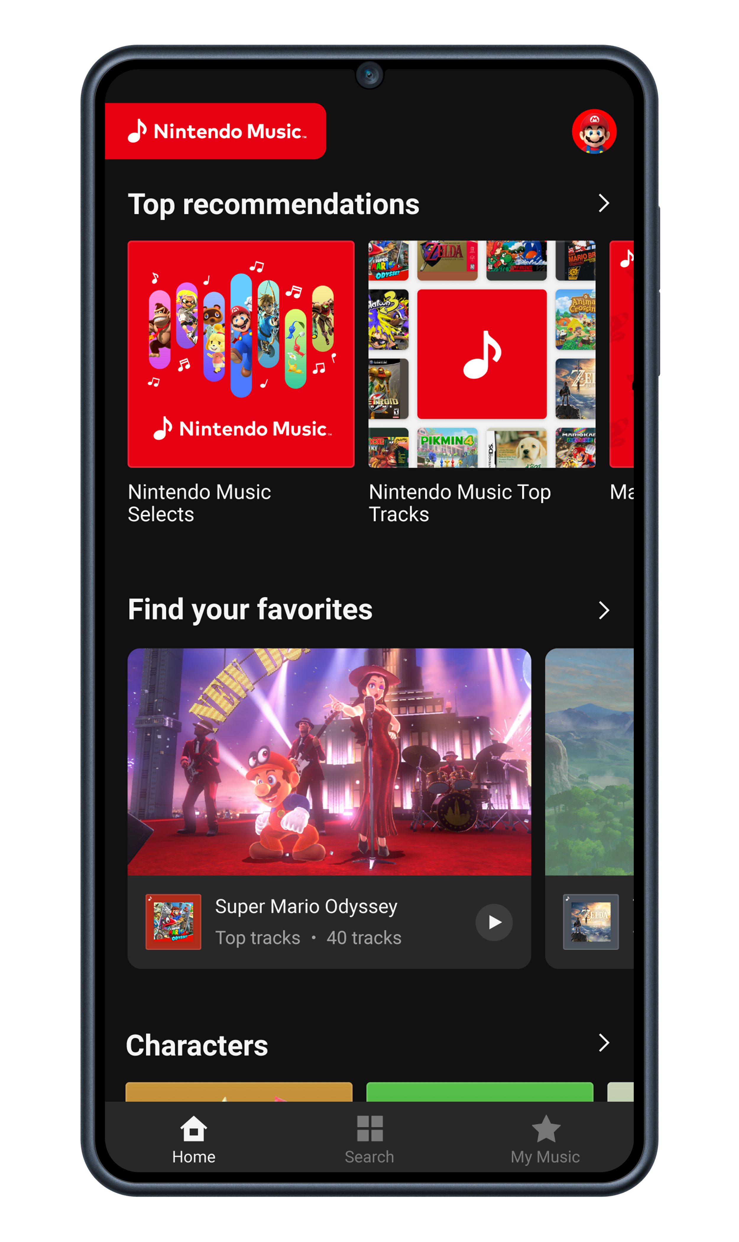 A smartphone browsing the Nintendo Music app