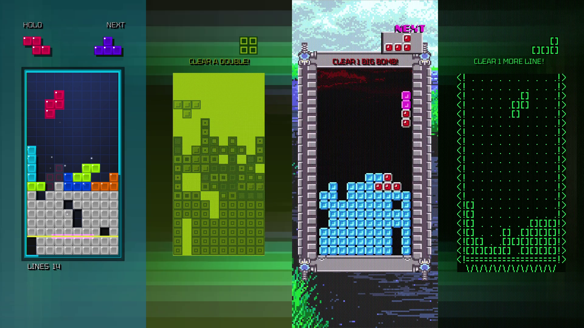 A four-player Tetris game where each player sees the game in a different era in Tetris Forever