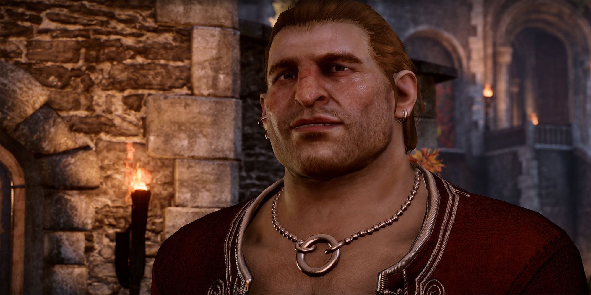 Varric Tethras, looking ahead with his shirt open in Dragon Age: Inquisition