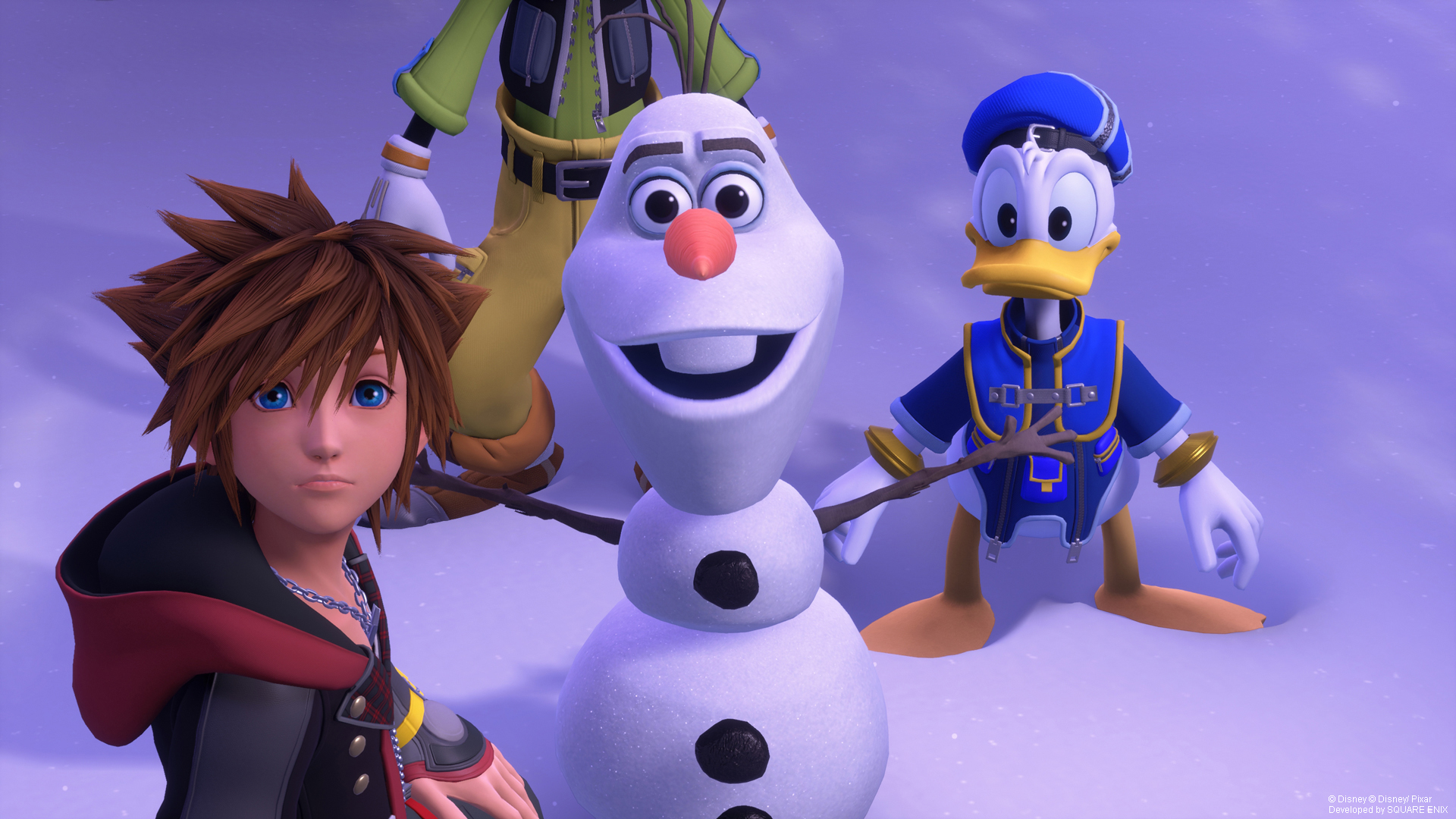 Sora, Olaf, Goofy, and Donald Duck stand in the snow in a screenshot from Kingdom Hearts 3