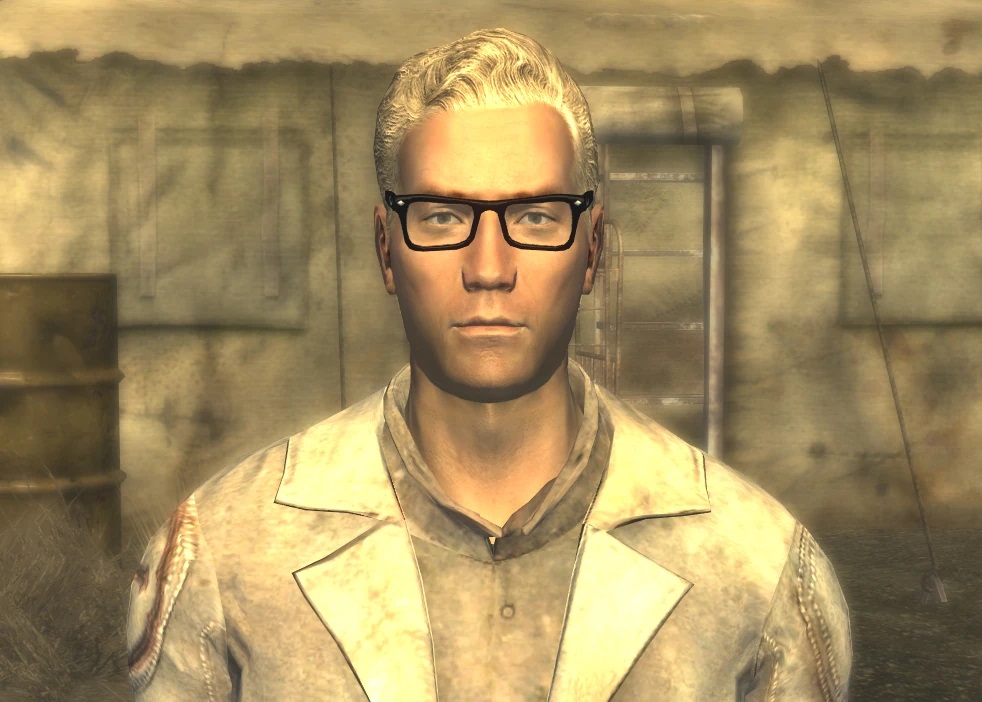 The Fallout character Arcade Gannon, wearing glasses and looking straight ahead at the camera