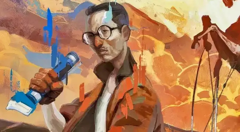 Kim Kitsuragi holding a blue flashlight in the painterly style of Disco Elysium