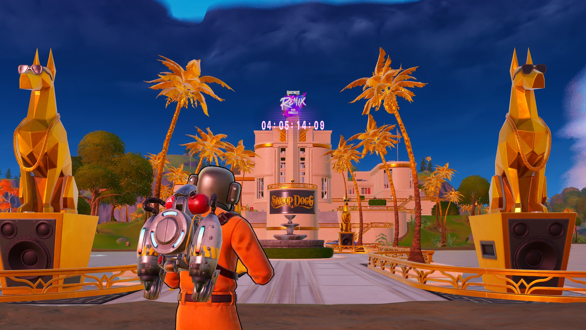 Lethal Company worker standing in front of The Doggpound location in Fortnite, which has a countdown for The Remix: Finale concert event.