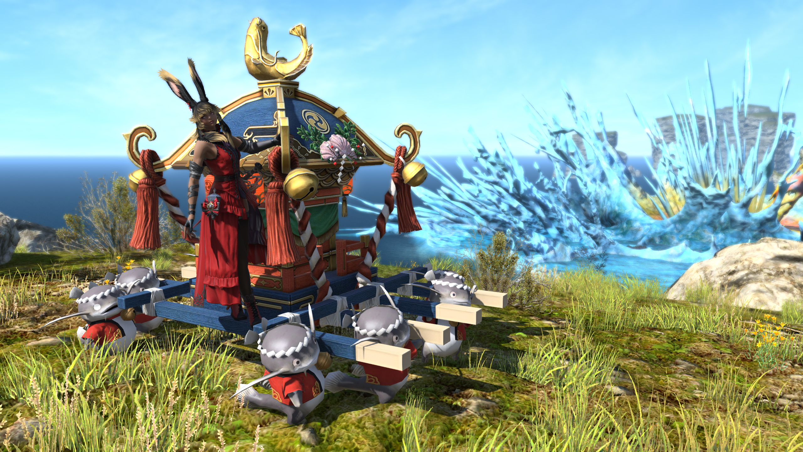 A Viera rides a palanquin carried by Namazu in FFXIV