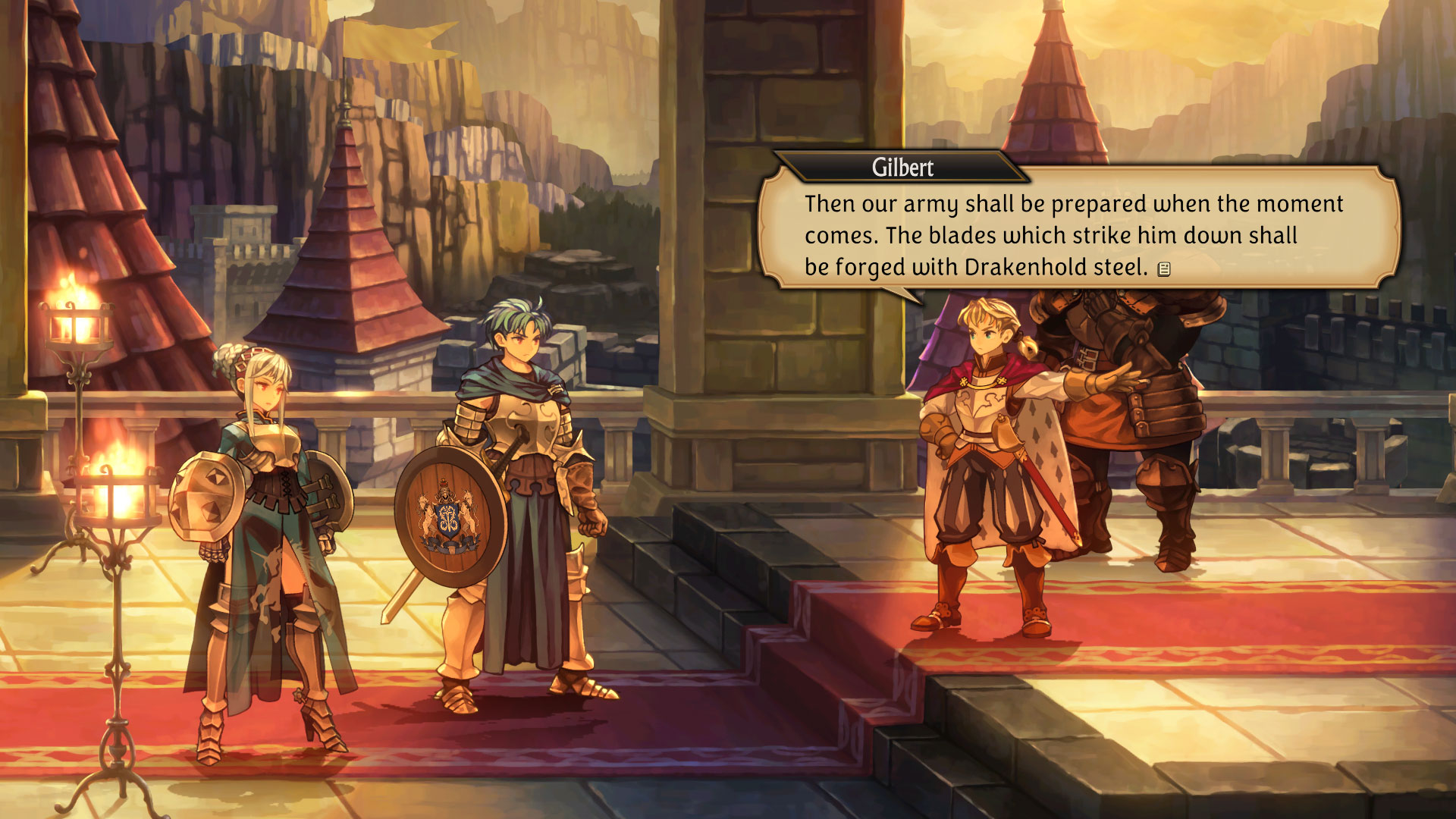 A screenshot from Unicorn Overlords showing characters talking to each other in a medieval setting.