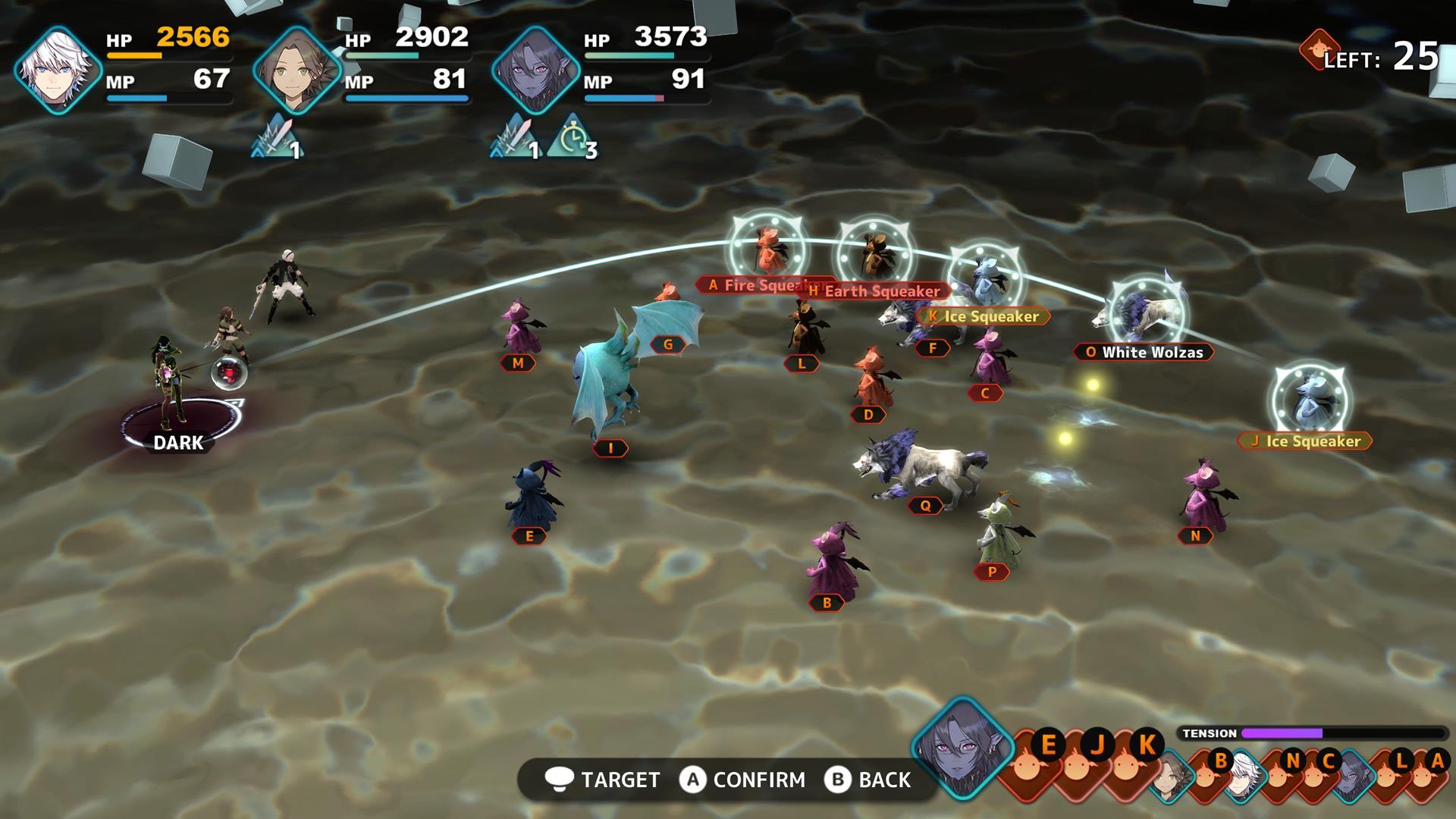 The image shows a Dimengeon battle where the player has to eliminate multiple enemies in Fantasian Neo Dimension