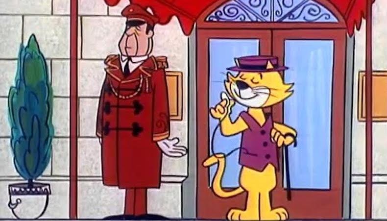 A screenshot of Top Cat, the Hanna Barbera cartoon, featuring the titular cat walking out of a building past a doorman