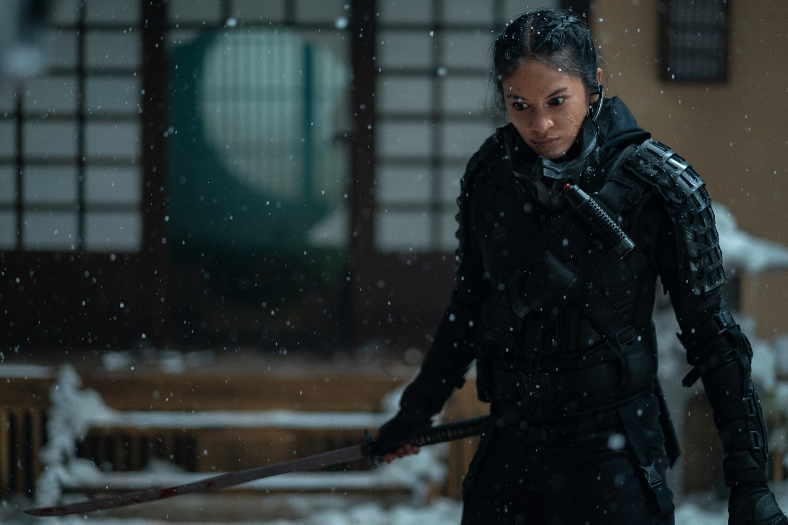 Hana Pitrashata Malasan, wearing a slick black armor outfit and with an intense look on her face, has a bloody sword in the snow in The Shadow Strays