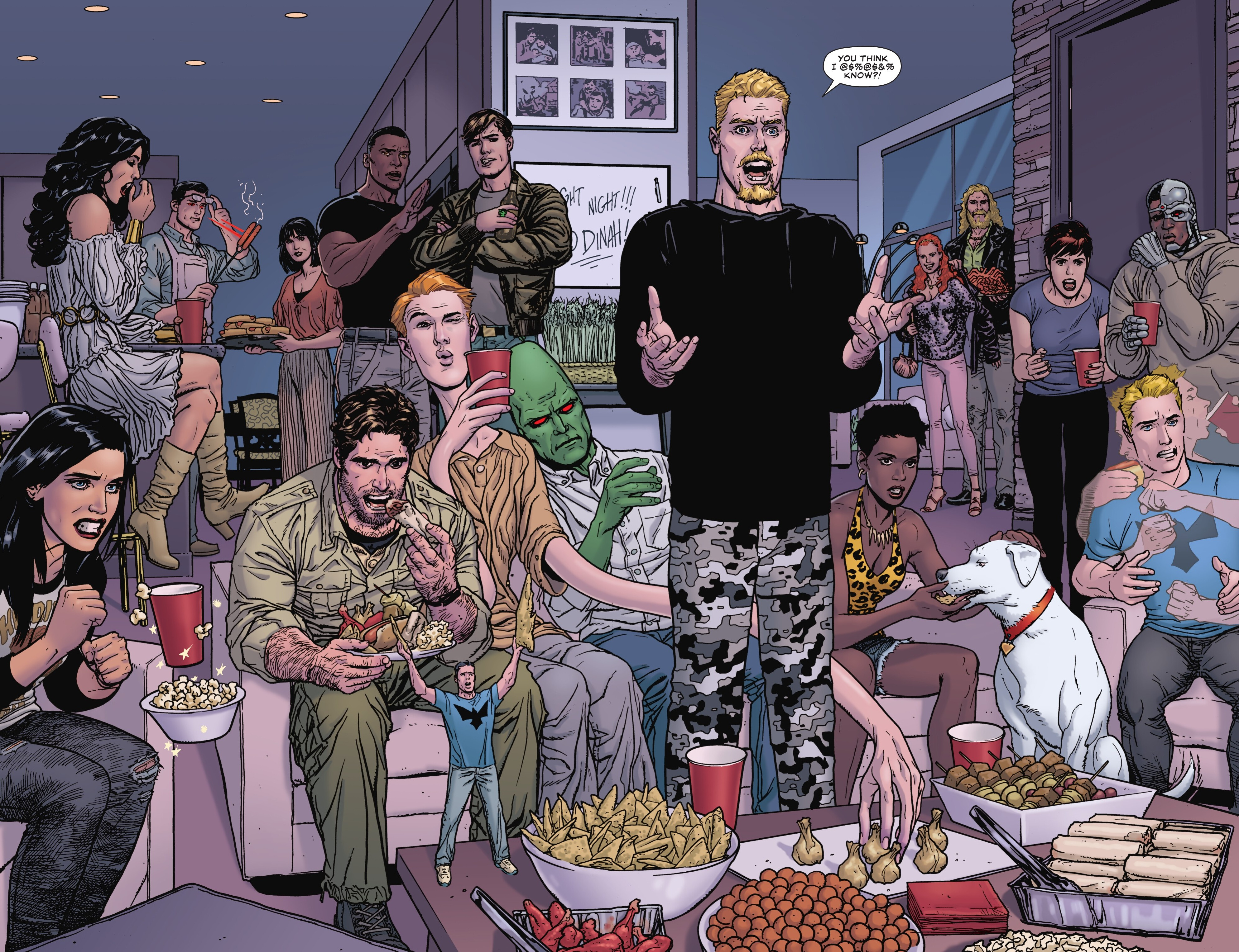 More than a dozen members of the Justice League sit and stand around in normal people clothing, watching Canary’s prize fight with Lady Shiva. “You think I @$%@$&% know?!” Green Arrow cries, frustrated. Some highlights: Aquaman and Mera just walking in the door, Superman grilling hot dogs with his laser vision as Lois holds a tray of buns, Wonder Woman yawning, the Atom, shrunk down to doll size, gesturing angrily with two corn chips. From Black Canary: Best of the Best #1.