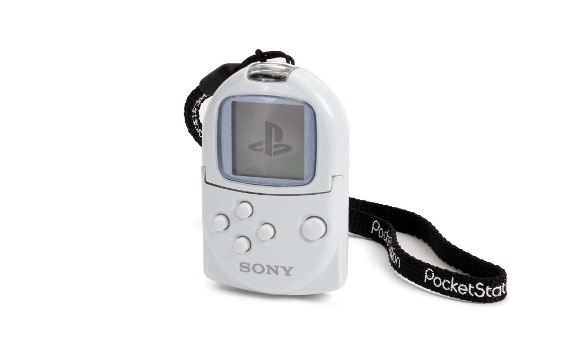 A product shot of a tiny handheld device with five buttons and a small monochrome screen, the PocketStation