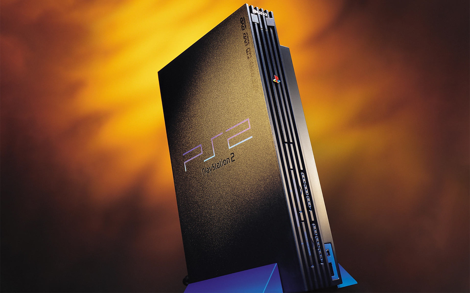 A product photo of the PlayStation 2 in its vertical position