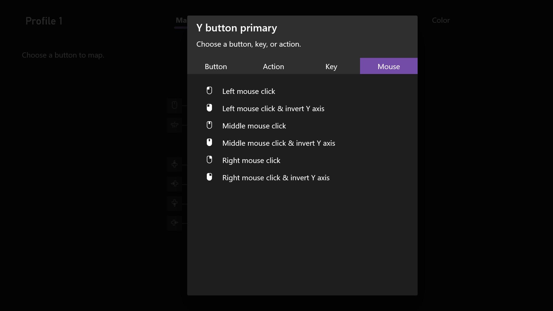 A screenshot of the Xbox Adaptive Controller button remapping profile creation experience in the Xbox Accessories app. In the "Y button primary" assignment selection modal, the mouse option is selected. There are several mouse assignment options including left, right, and middle mouse clicks with the option to click and invert Y axis under each.