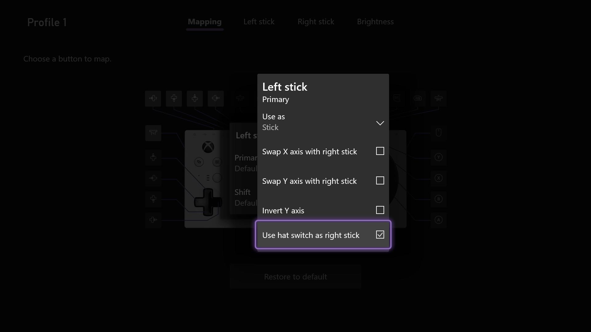 A screenshot of the Xbox Adaptive Controller button remapping profile creation experience in the Xbox Accessories app. The "Left Stick Primary" assignment selection modal is displaying dropdown options for "Use stick as" with "stick" currently selected. There are several options to customize the axes and the option for "use hat switch as right stick" is checked.