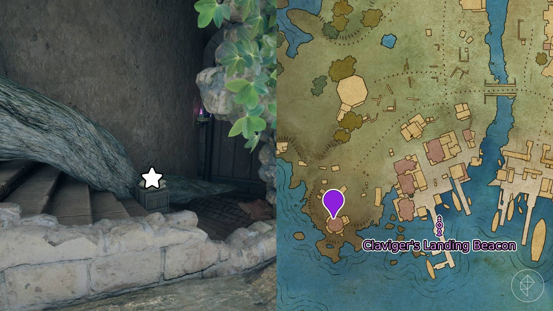 Location of the Plaque of Promises marked on the map of Dawnshore from Avowed.