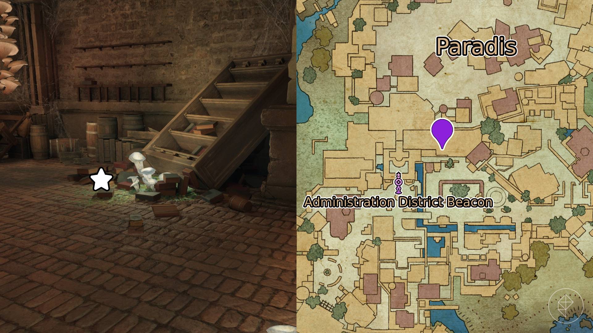 Location of the Golden Scales of Justice marked on the map of Paradis from Avowed.