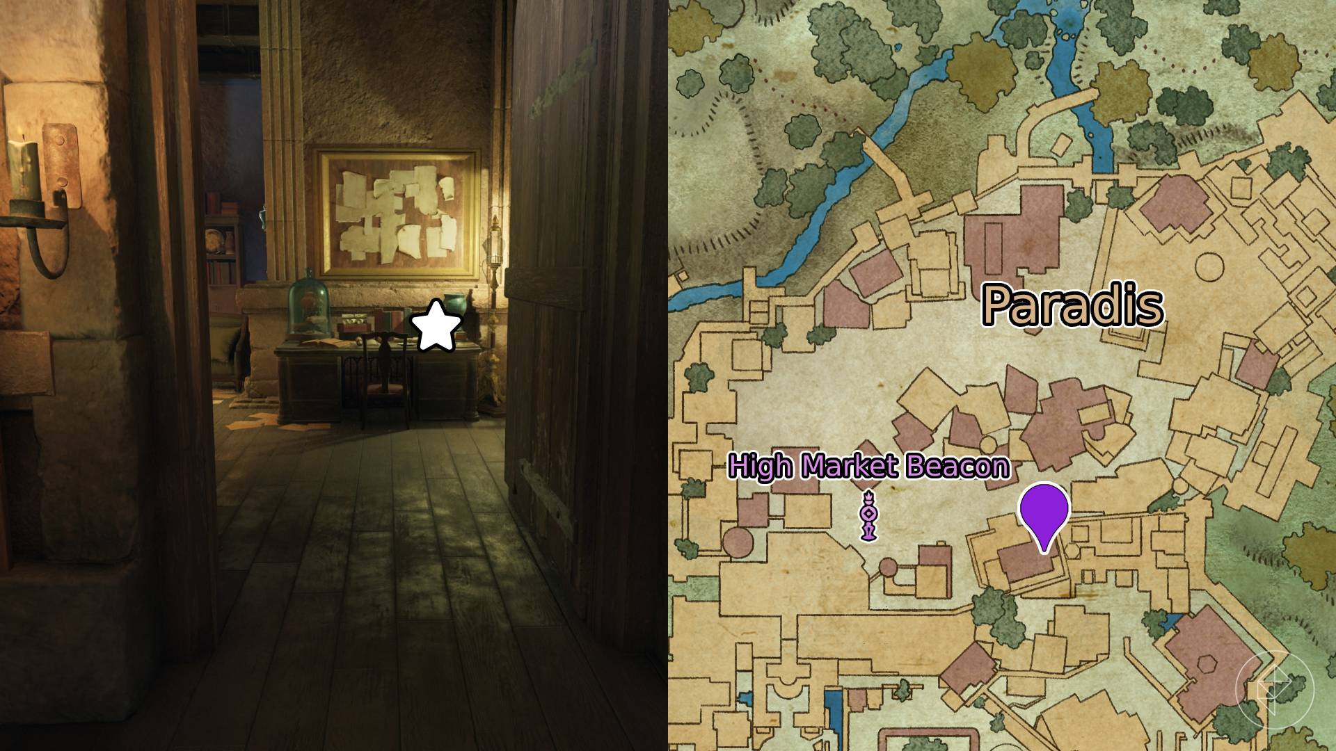 Broken Crown Jewel location marked on the map of Paradis from Avowed.