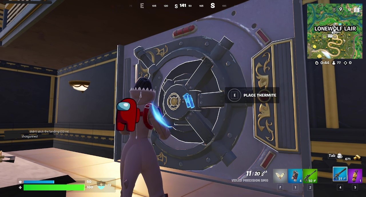 An image of a vault door in Fortnite. There is an option to place thermite. 