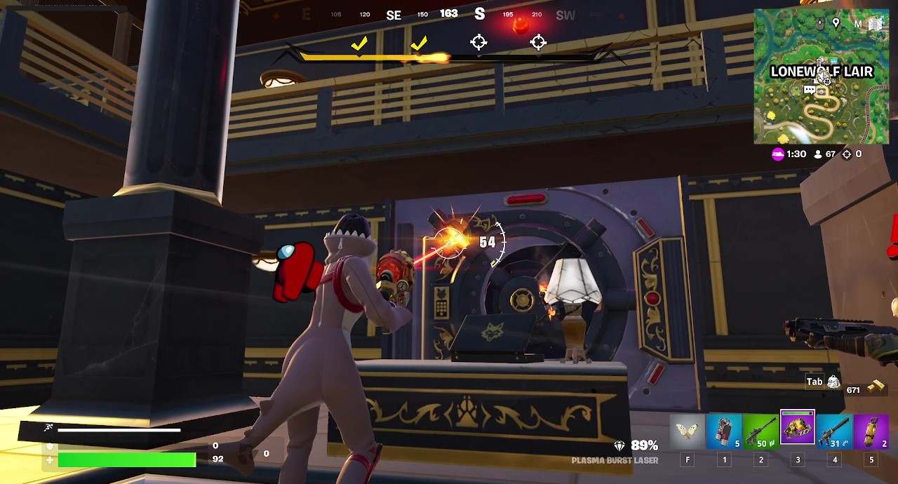 An image of a character in Fortnite blasting through a vault door with a laser. 