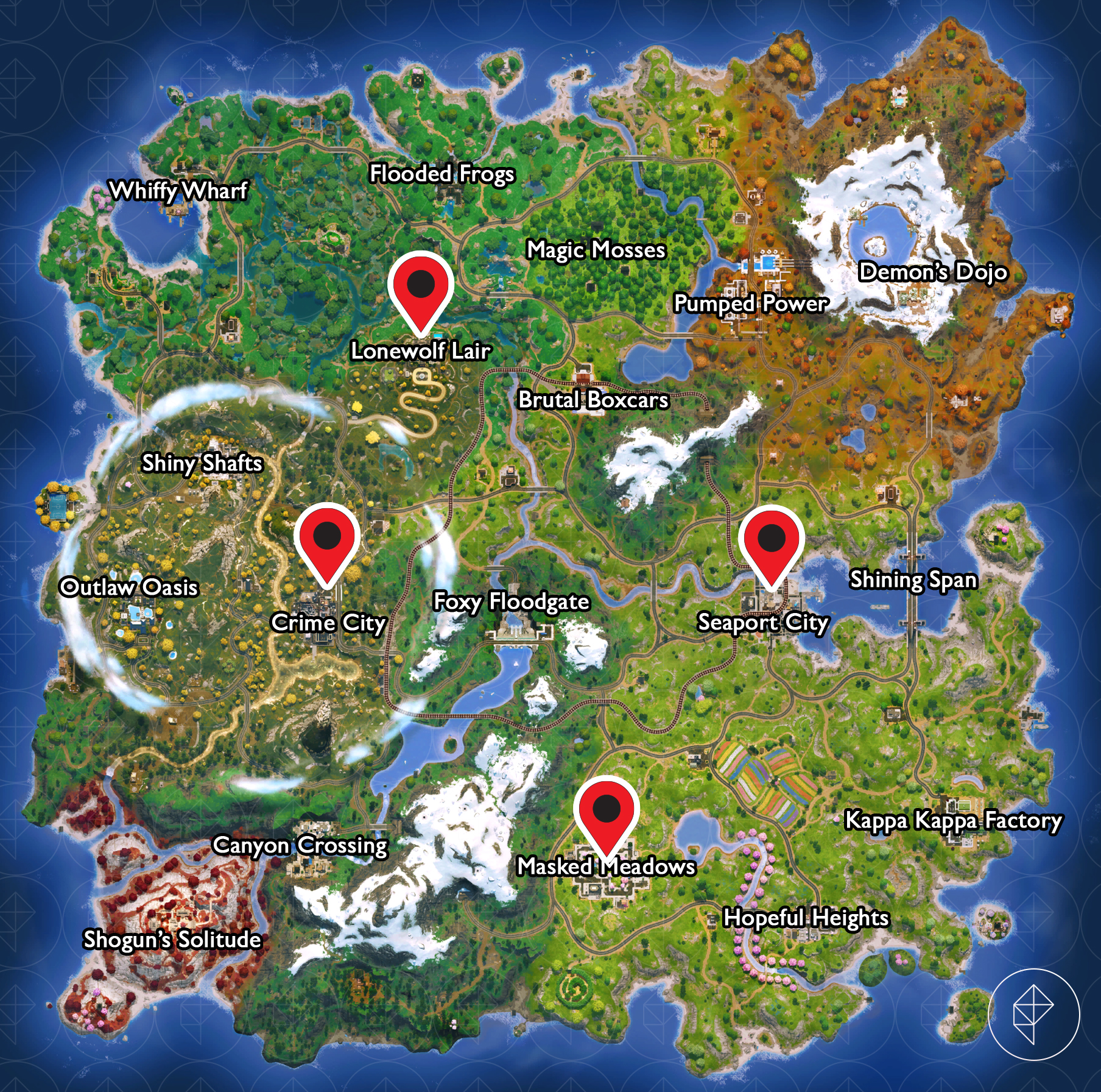 A map of the C6S2 Fortnite island with four vaults highlighted.