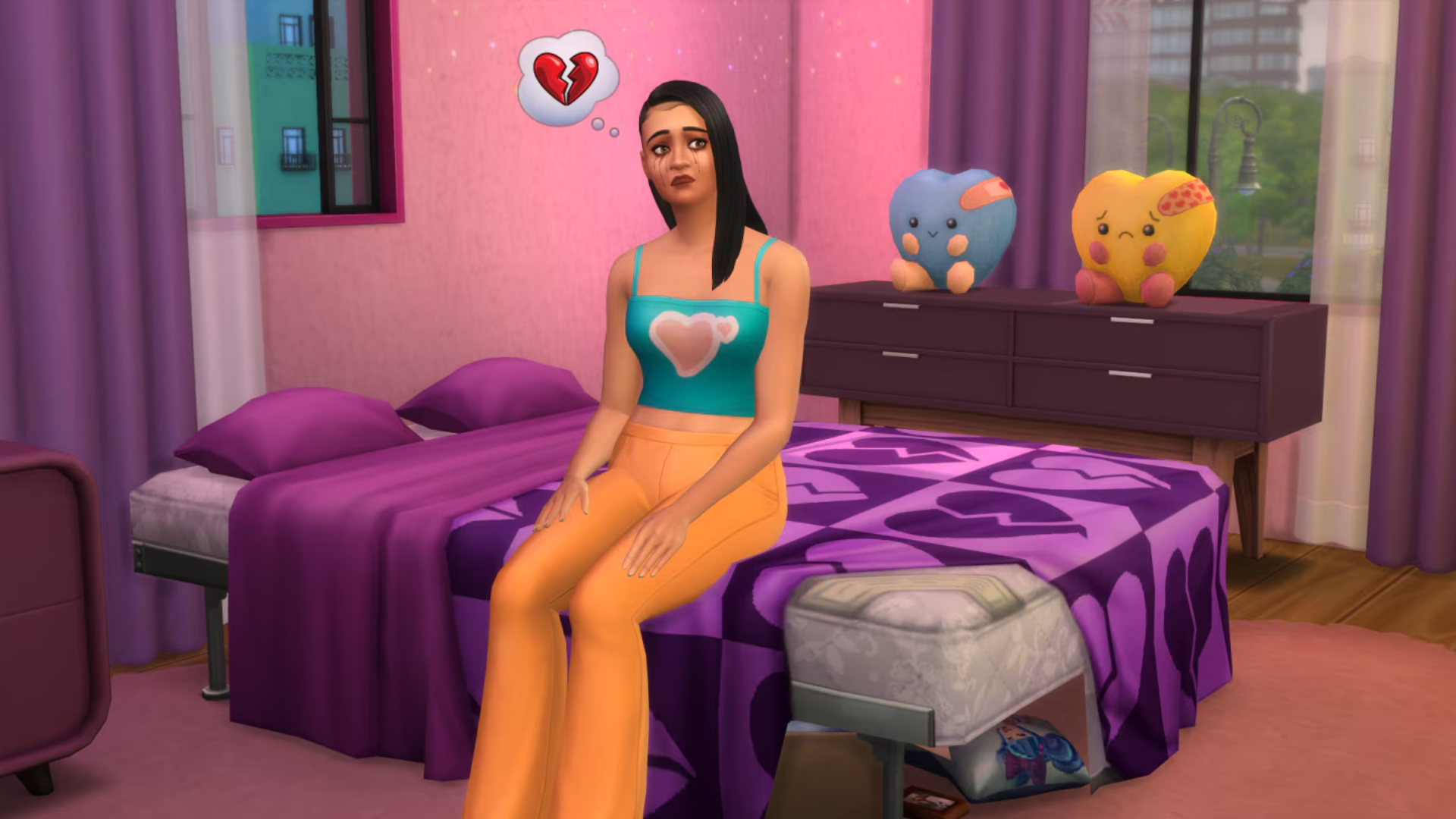 A Sim sits forlorn on her bed, with a broken heart icon in a thought bubble over her head, in The Sims 4.