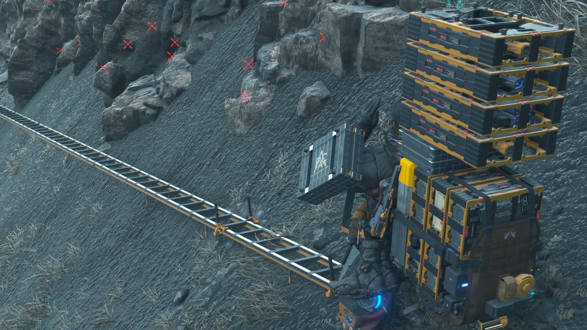 A Death Stranding 2 screenshot showing a character in front of a ladder on the ground.