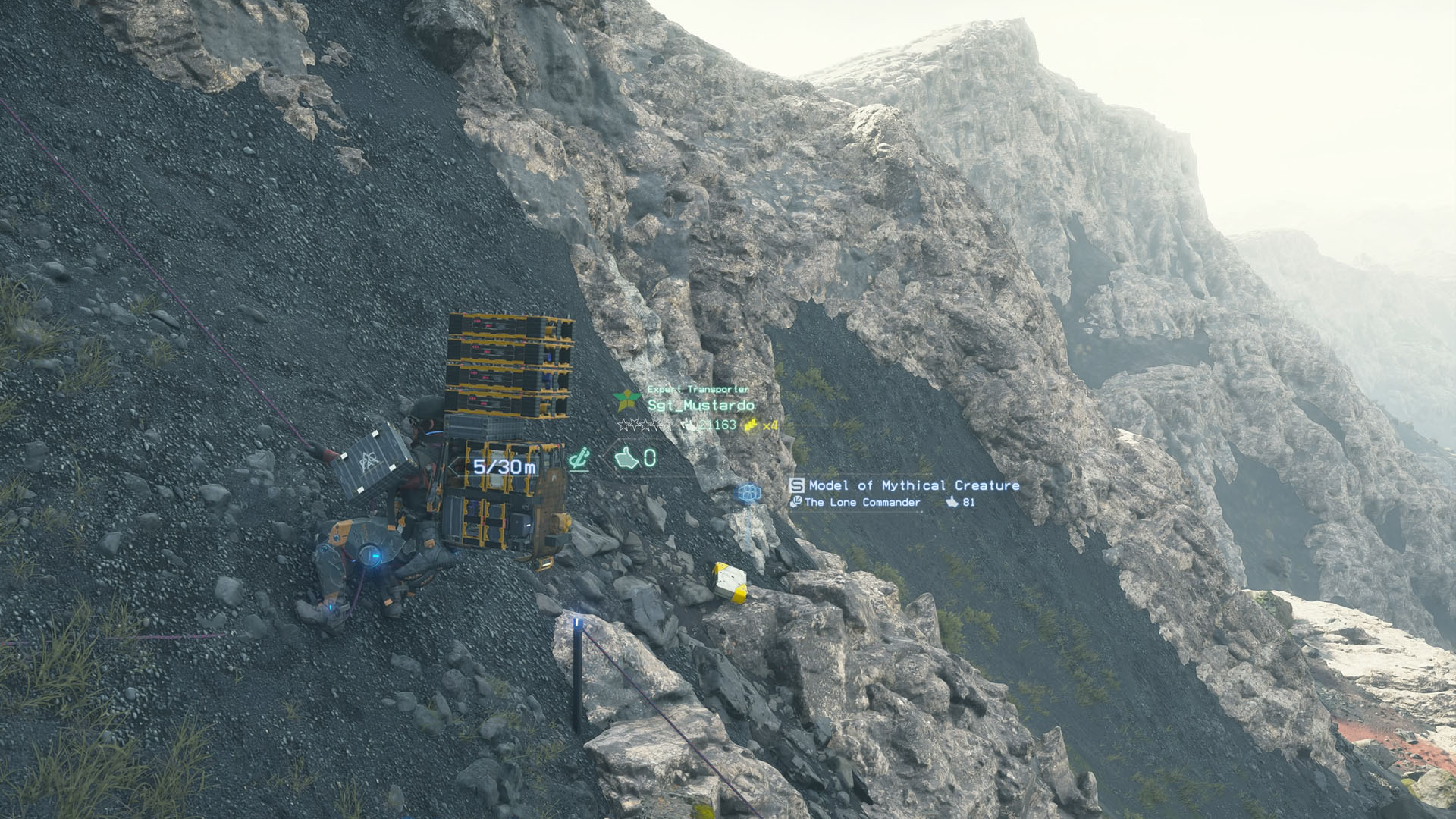 A Death Stranding 2 screenshot using a climb anchor on a cliff to descend. 