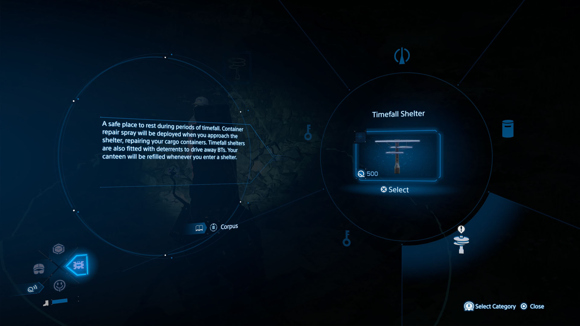 A Death Stranding 2 screenshot showing the menu where you can create a Timefall Shelter.
