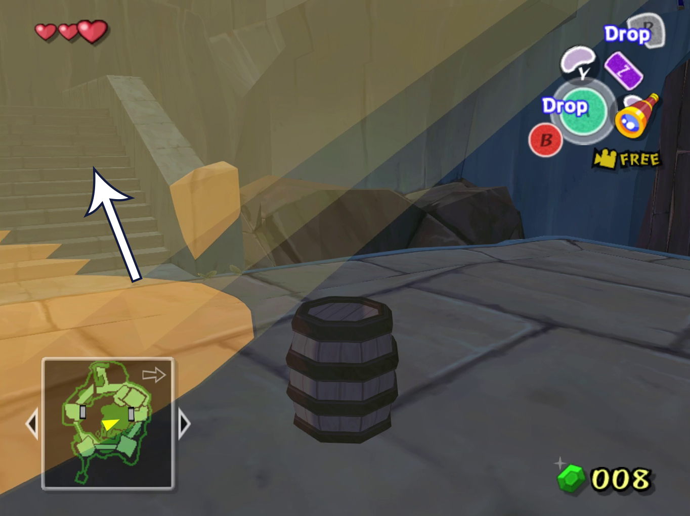 An arrow points up the stairs in Wind Waker while Link hides in a barrel.