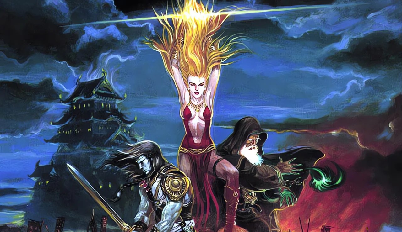 One of the cover illustrations for Sorcerian, showing a fighter, a wizard, and a woman poised to fight.