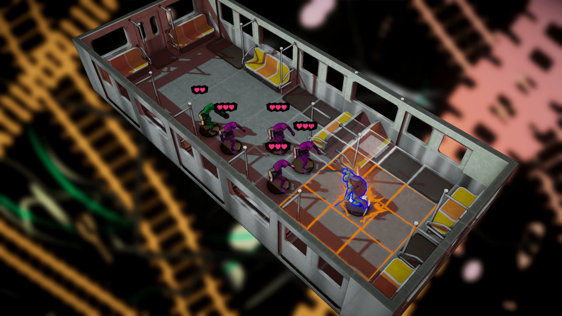 An isometric shot of TMNT: Tactical Takedown featuring one of the turtles in a corridor, fighting a group of oncoming enemies