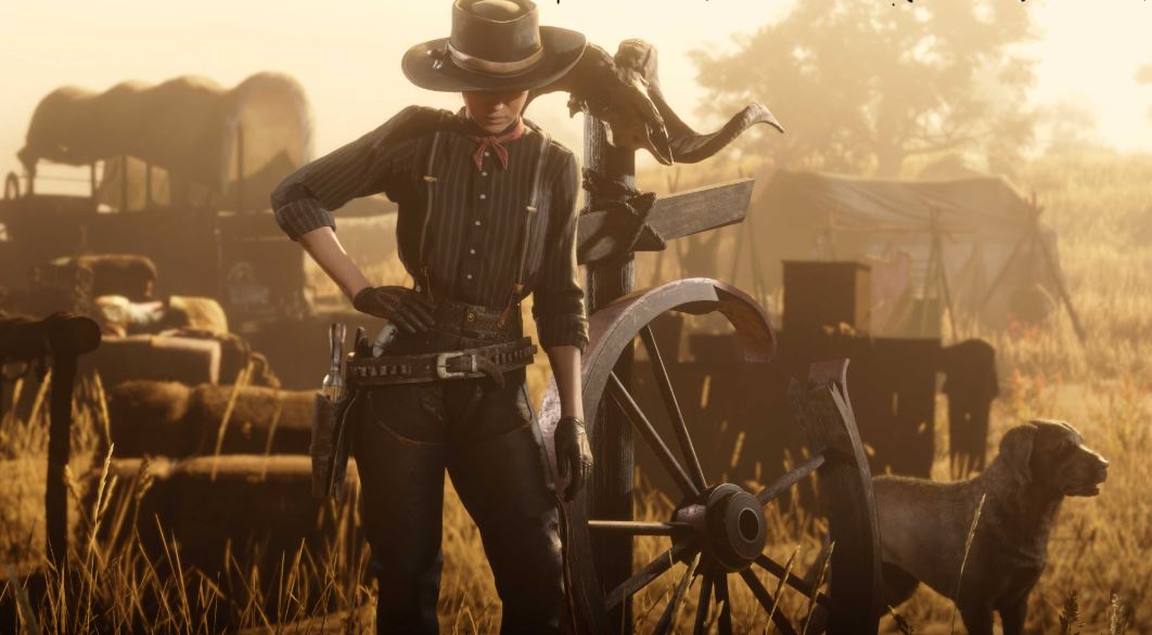 A woman in Red Dead Online, in front of a wagon.