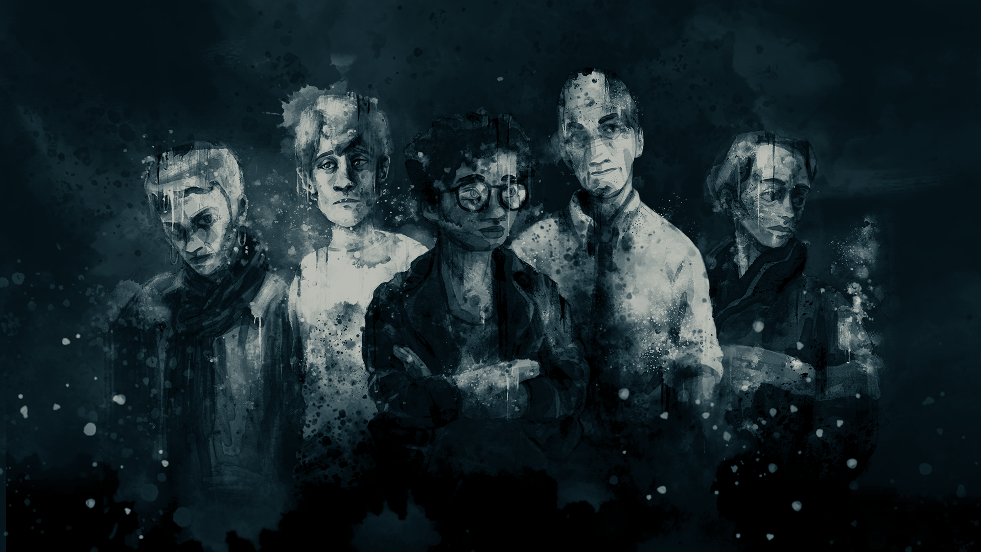 A watercolor-style portrait of the game’s five playable characters