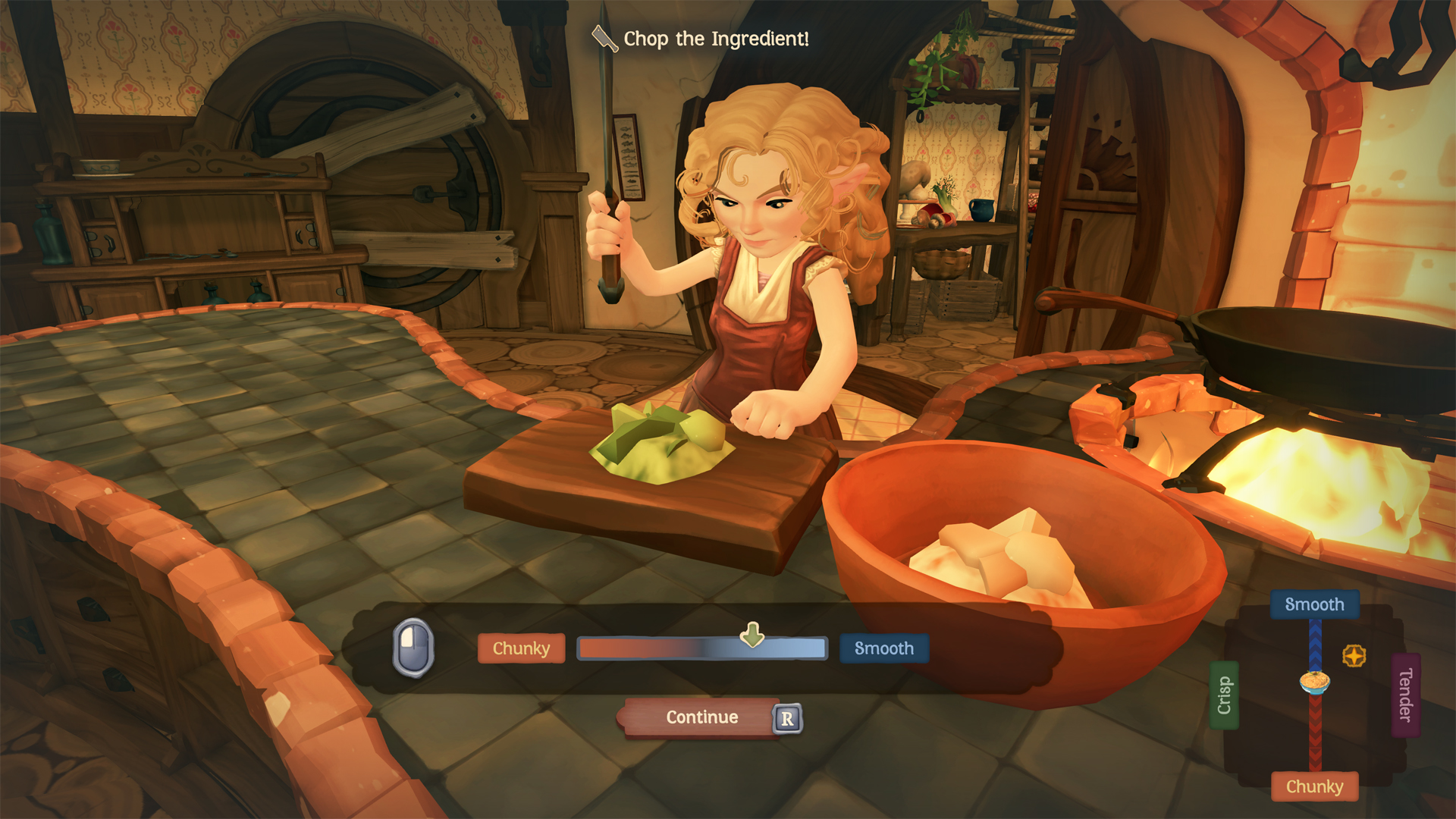 A hobbit chopping vegetables in Tales of the Shire.
