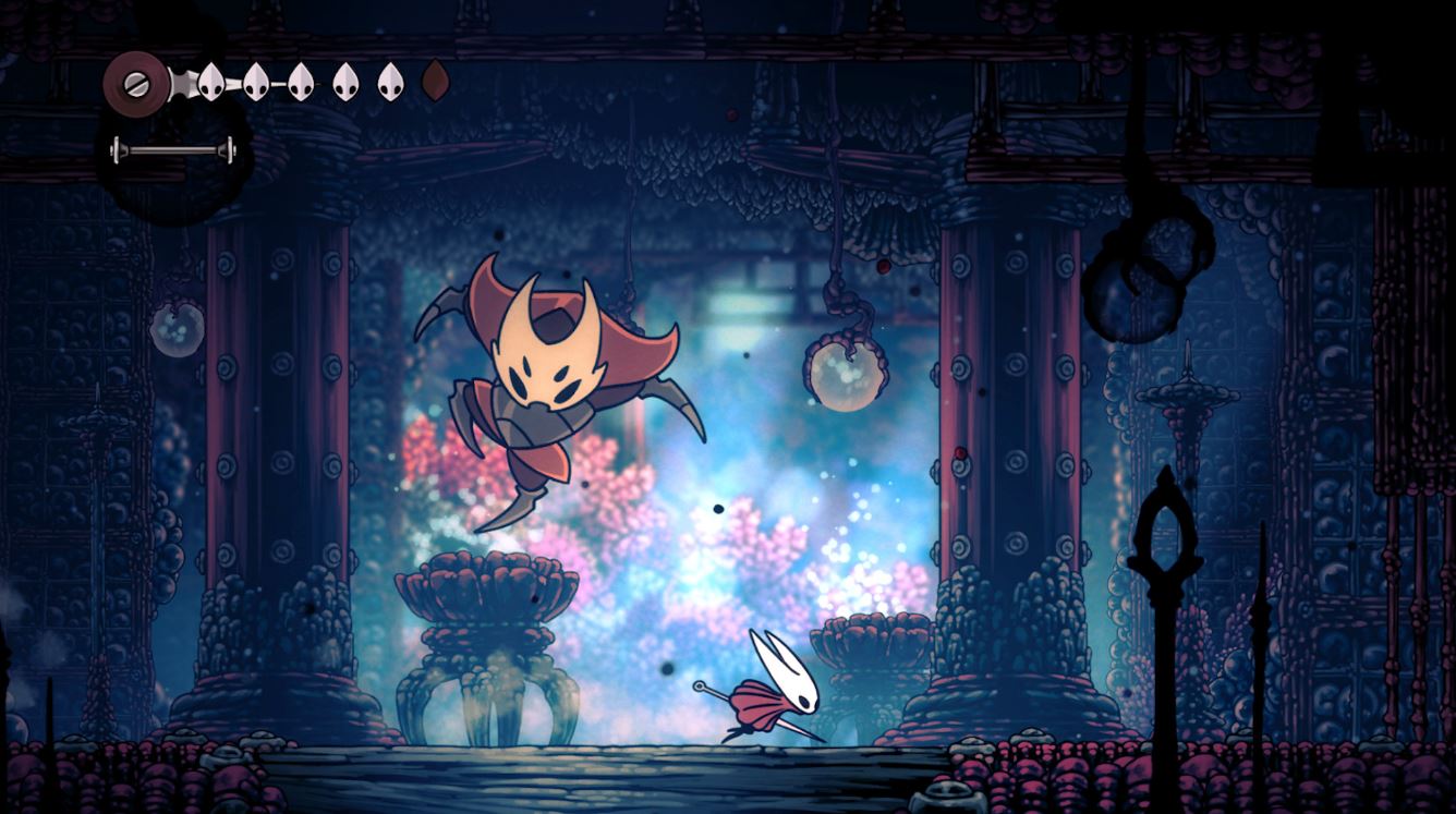 Hornet from Hollow Knight Silksong narrowly avoids an enemy attack.