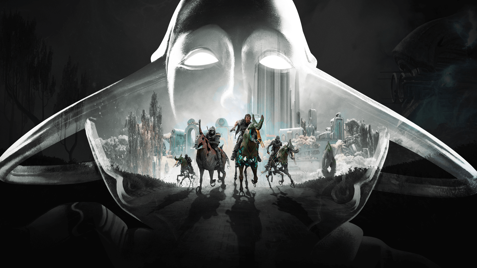 A ghostly face floats behind a group of figures riding skeletal horses