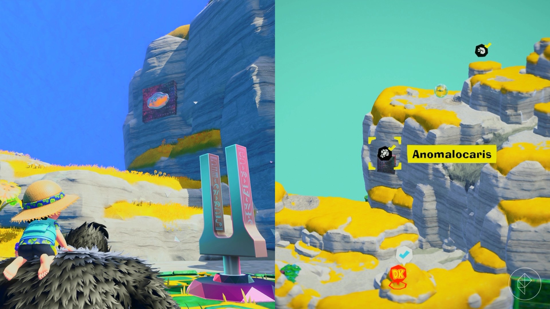 Donkey Kong and young Pauline looking up towards a wall that contains a fossil in Donkey Kong Bananza.