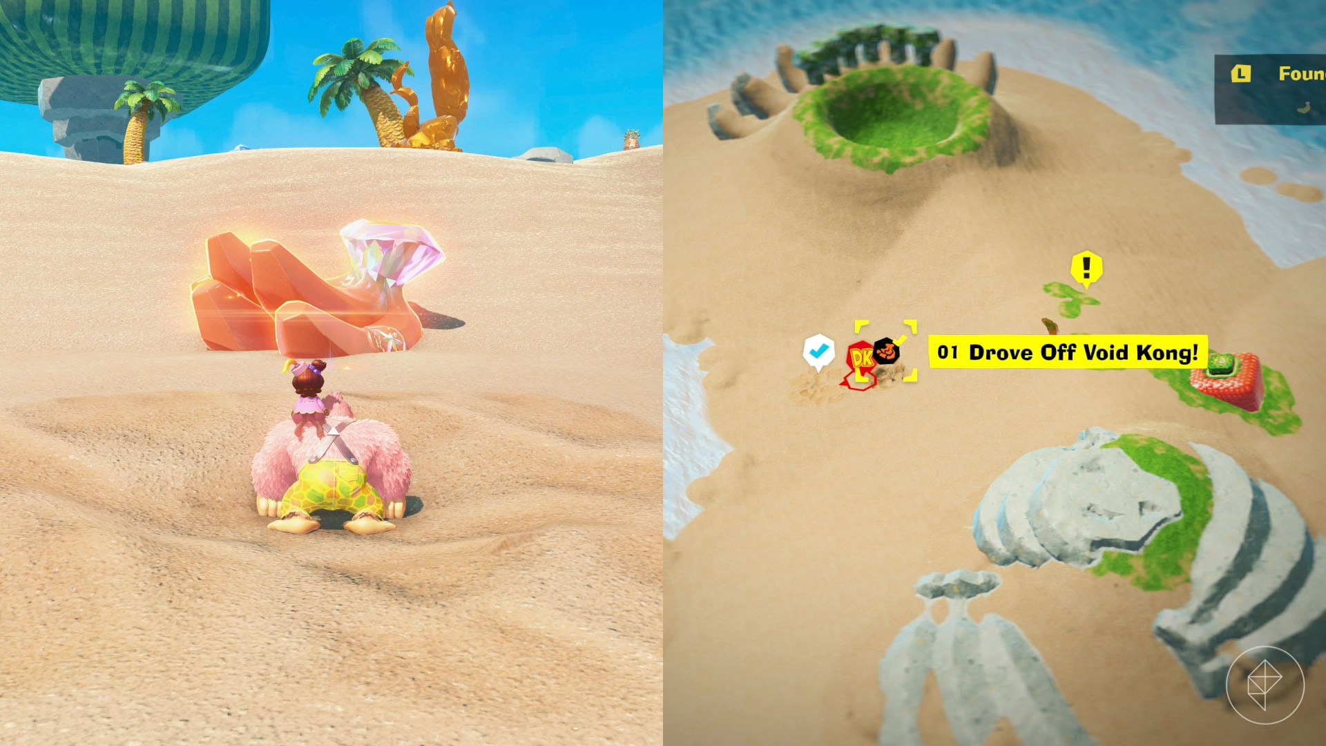 Donkey Kong standing in front of a bunch of red bananas on the sand in Donkey Kong Bananza.