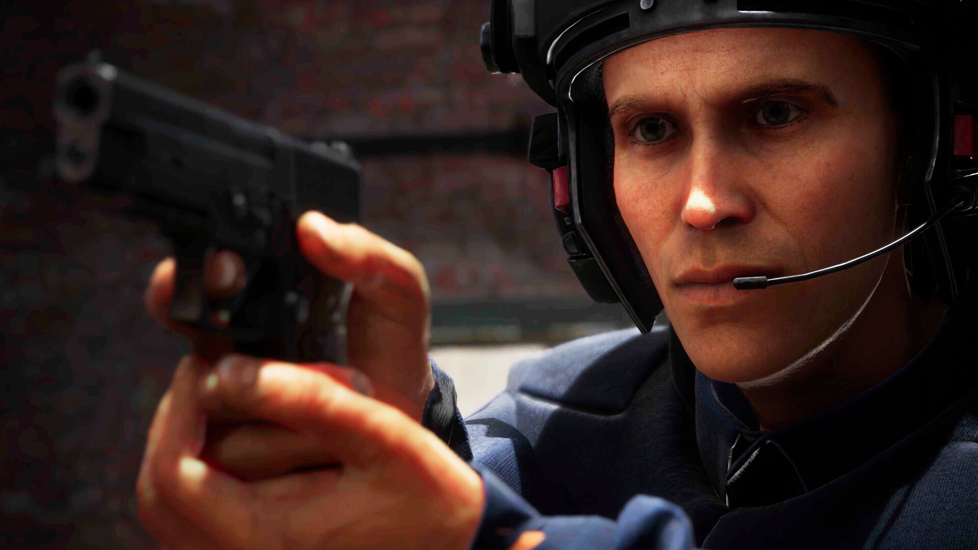 Alex Murphy aims his police-issue handgun in a screenshot from RoboCop: Rogue City - Unfinished Business