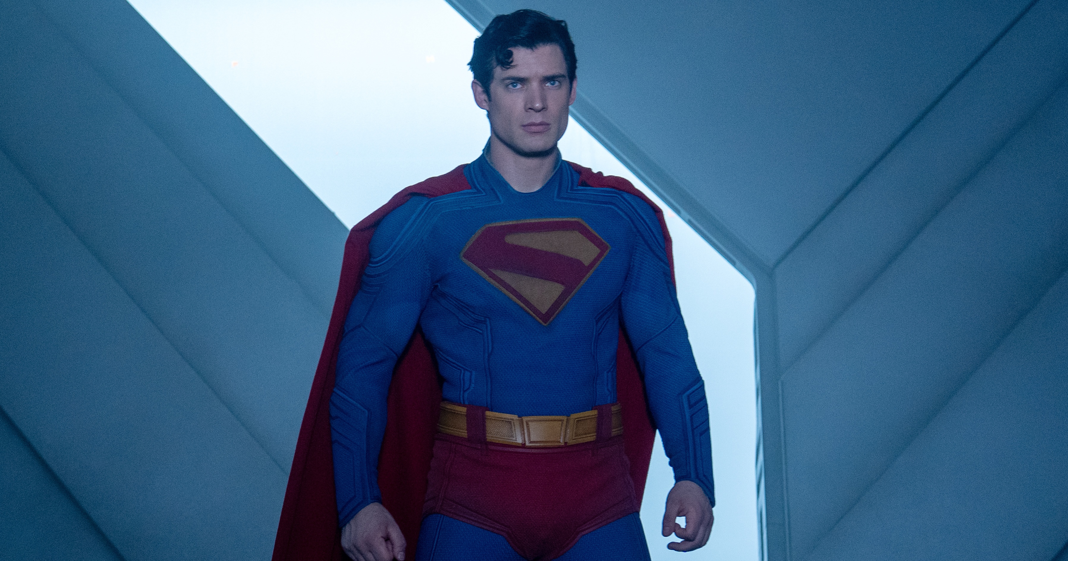 Superman (David Corenswet) in James Gunn’s Superman, standing in the Fortress of Solitude, looking particularly grim