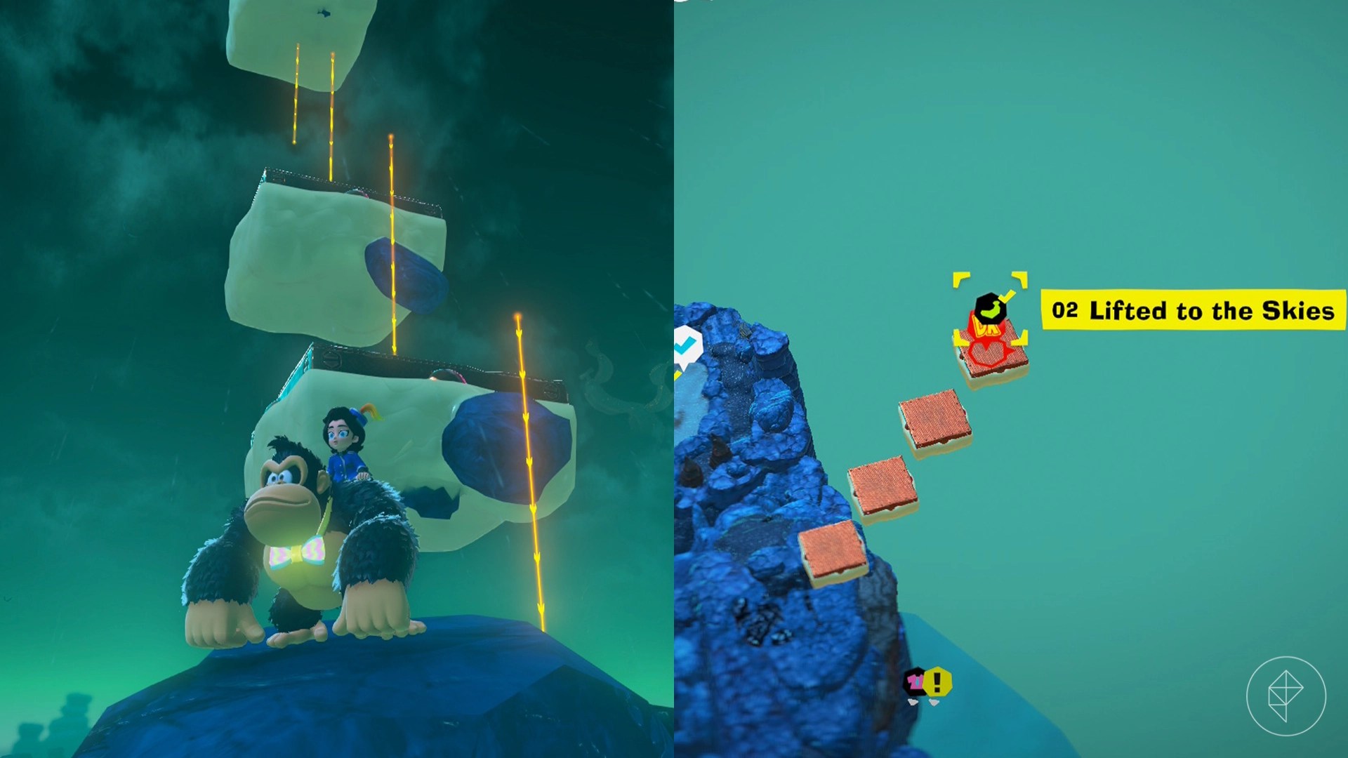 Donkey Kong standing in front of three floating white platforms that have rocks attached to them in Donkey Kong Bananza.