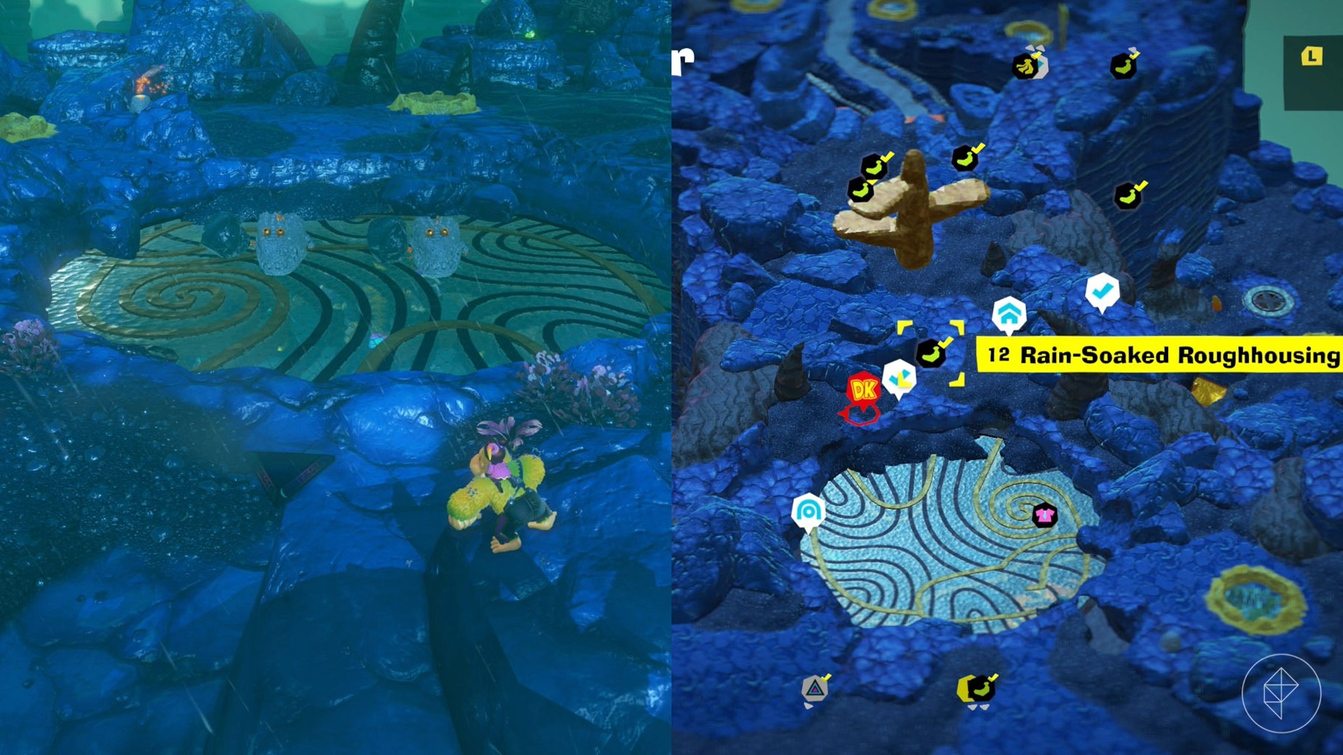 Two crockoid enemies sit in an arena in Donkey Kong Bananza.