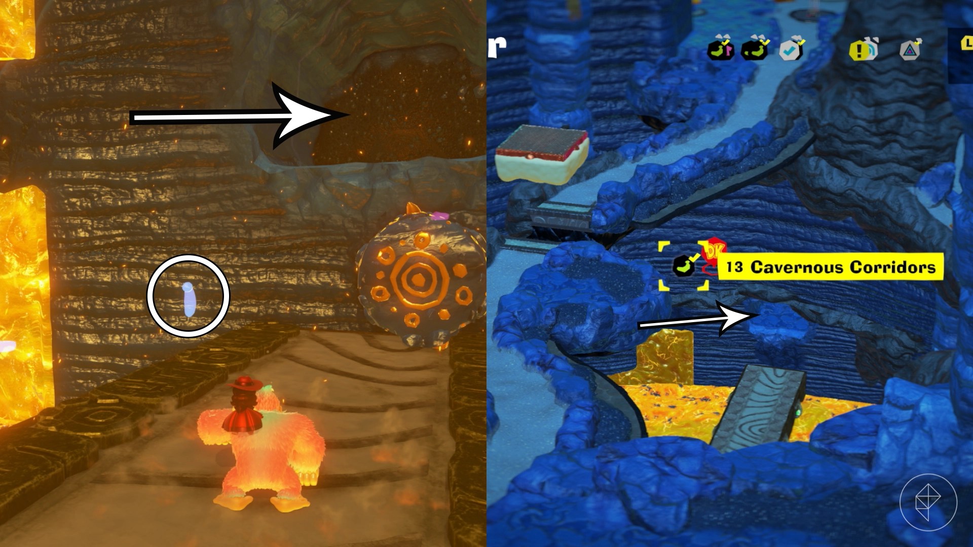 A circle showing the location of a golden banana that is hidden in a cave, whose entrance is indicated by an arrow.