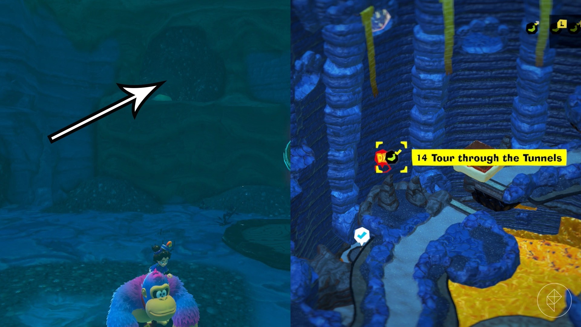 An arrow pointing at a dirt patch on the wall in a cave in Donkey Kong Bananza.